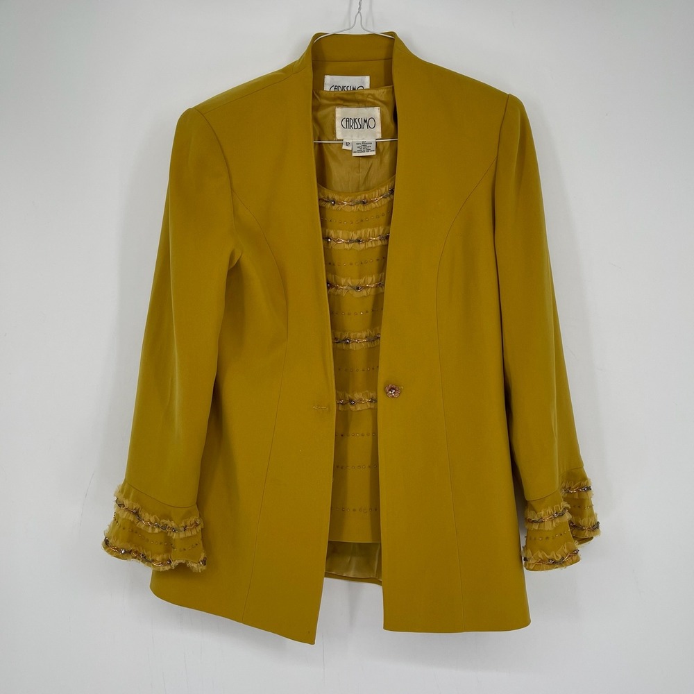 Carissimo Women's Vintage Gold Beaded Ruffle Blazer Jacket Shell Top Set Size 12